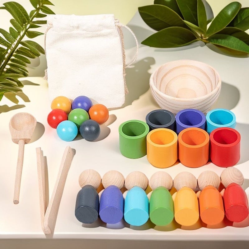 لعبة الكرة والكوب الخشبية ذات 7 ألوان - أدوات تعليمية مبكرة من مونتيسوري لتصنيف الألوان للأطفال وتكامل الحواس - Image 3